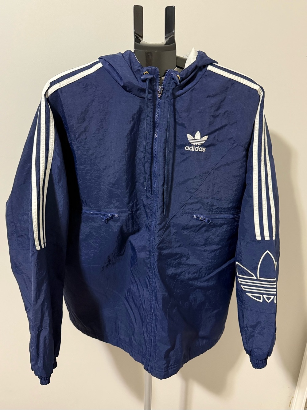 Vintage Adidas Windbreaker Jacket L Navy Trefoil Embroidered 3 Stripe Hooded - Picture 1 of 11